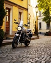 Parked Motorcycle on Cobblestone Street Royalty Free Stock Photo