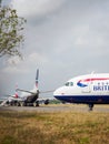 Parked out of use British Airways aeroplanes stored at Bournemouth International Airport, Dorset during the Coronavirus