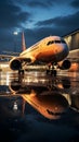 A parked passenger aircraft near a jetway, its reflection glistening in a puddle