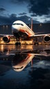 A parked passenger aircraft near a jetway, its reflection glistening in a puddle