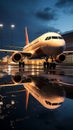 A parked passenger aircraft near a jetway, its reflection glistening in a puddle