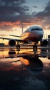 A parked passenger aircraft near a jetway, its reflection glistening in a puddle