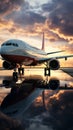 A parked passenger aircraft near a jetway, its reflection glistening in a puddle