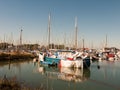 Parked private boat in front of harbour marina scene masts