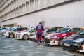 Parked race cars in the parking lot