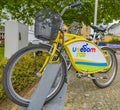 Parked rentable bikes in the coastal town Bansin on the island Usedom, Germany