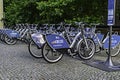 Parked rentable bikes in downtown Berlin, Germany