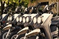 parked rental bike in row. parked rental bike black color. parked rental bike outdoor.