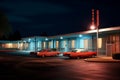Parked retro cars parked at vintage hotel exterior. Generative AI