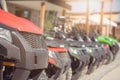 Parked in a row several atv quad bikes extreme outdoor adventure concept Royalty Free Stock Photo