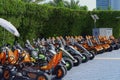 Parked rugged Go karts with off road tires are lined up ready to race. Rental Go Kart for children to adults on outdoor venue with Royalty Free Stock Photo