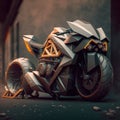 Parked sportbike on a city street. Futuristic cyberpunk motorcycle