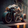 Parked sportbike on a city street. Futuristic cyberpunk motorcycle