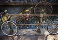 Parked top wheels in city street bicycles close-up Royalty Free Stock Photo