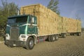 Parked truck loaded with neatly stacked hay bales