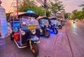 Parked tuk tuks by the road, on May 3 in Chiang Mai, Thailand