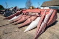 Parking agricultural machinery and harvest. rows of plows, cultivators, bodies