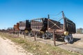 Parking agricultural machinery and harvest. rows of plows, cultivators, bodies