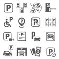 Parking area, fine, fee, forbidden sign line and bold icons set isolated on white. Auto barrier, garage.