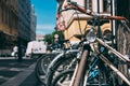 Parking bicycles on the streets of the city, a close view. Royalty Free Stock Photo