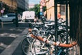 Parking bicycles on the streets of the city, a close view. Royalty Free Stock Photo