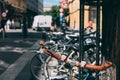 Parking bicycles on the streets of the city, a close view. Royalty Free Stock Photo