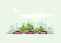 Parking Cars and City Background with Green Trees