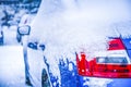 Parking cars covered with snow. Winter car; Snow; Blizzard. Poor visibility on the road. Royalty Free Stock Photo