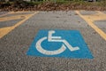 disabled parking symbol, symbol printed on the asphalt, parking reserved for disabled cars and their companions. Royalty Free Stock Photo