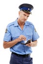 Parking fine, ticket and portrait of police writing on notepad for traffic laws, crime and public service. Justice, law