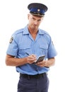 Parking fine, writing ticket and portrait of police on white background with notepad for traffic laws. Crime, law Royalty Free Stock Photo