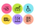 Parking, Free delivery and Disabled icons set. Medical helicopter, Airplane travel and Parking place signs. Vector