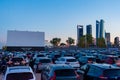 Madrid, Spain- April 17,2021: Parking lot of a drive-in theater full of cars at sunset in Madrid Royalty Free Stock Photo