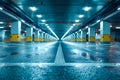 A parking garage with a long row of parking spaces. Generative AI Royalty Free Stock Photo