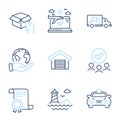 Parking garage, Truck transport and Airplane travel icons set. Hold box, Taxi and Lighthouse signs. Vector