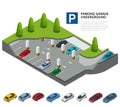 Parking garage underground. Indoor car park. Urban car parking service. Flat 3d isometric vector illustration for