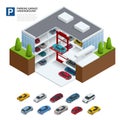 Parking garage underground. Indoor car park. Urban car parking service. Flat 3d isometric vector illustration for
