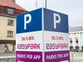Parking guidance sign in urban setting with easypark app directions Royalty Free Stock Photo