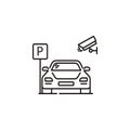 Parking icon. Car with cctv and car park sign. Stroke outline style