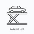 Parking lift flat line icon. Vector outline illustration of screen with vehicle elevator. Infographic design black thin