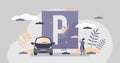 Parking lot as urban street traffic sign for vehicle tiny persons concept