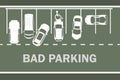 Parking lot with bad parked cars. Right and wrong parking examples infographic.