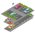 Parking lot isometric 3D vector illustration for construction design of cars, parkomat checkpoint and direction marking Royalty Free Stock Photo