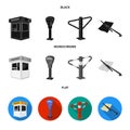 A parking lot, a parking meter, a check for services, a barrier. Parking zone set collection icons in black, flat Royalty Free Stock Photo