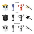 A parking lot, a parking meter, a check for services, a barrier. Parking zone set collection icons in cartoon,black Royalty Free Stock Photo