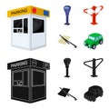A parking lot, a parking meter, a check for services, a barrier. Parking zone set collection icons in cartoon,black Royalty Free Stock Photo