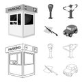 A parking lot, a parking meter, a check for services, a barrier. Parking zone set collection icons in outline,monochrome Royalty Free Stock Photo