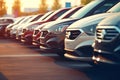 Parking lot with row of new cars, close-up Royalty Free Stock Photo