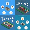 Parking lots facilities concept 4 isometric compositions icons square with charging stalls multi level complex