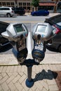 Parking machine in the city street. Parking system with payment by bank cards